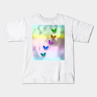 Rainbow of butterflies on textured chevron pattern Kids T-Shirt